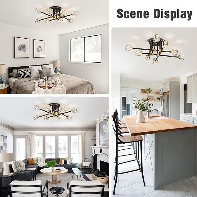 Modern Crystal Ceiling Light Fixture,Semi Flush Mount Ceiling Light with 8-Lights,Farmhouse Black and Gold Sputnik Chandeliers for Bedroom,Dining Room,Kitchen,Entrway,Foyer,Hallway