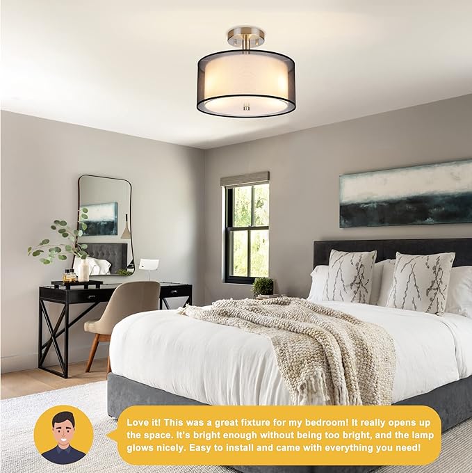 FOLKSMATE Semi Flush Mount Ceiling Light Fixture, 3-Light Drum Light with Double Fabric Shade, Modern Black Close to Ceiling Lighting for Living Room, Bedroom, Dining Room, Kitchen, Hallway, Entry
