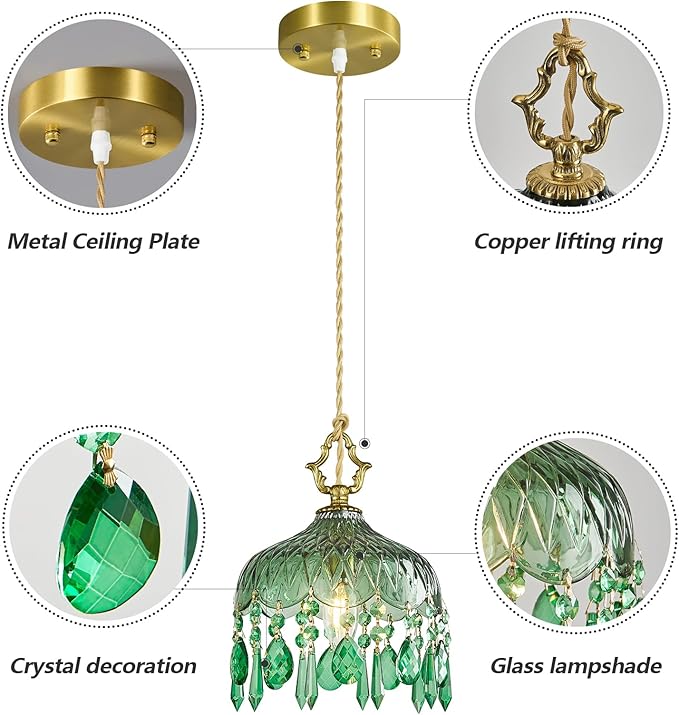 Brass Vintage Pendant Light Green Crystal Hanging Light Fixtures,Adjustable Height Green Glass Pendant Lights for Kitchen Island Dining Room Living Room Bedroom Hallway(Green,1-Pack)
