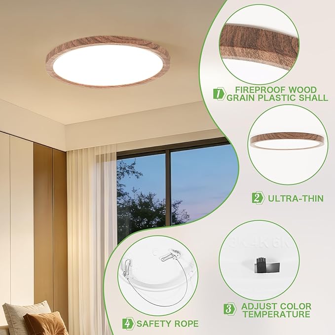 Kimjo 2 Pack 12 Inch 24W Modern Flush Mount Ceiling Light, 3 Color Temperature Walnut Wood Grain Flat Ceiling Light Fixture Led Lights for Bedroom Kitchen Bathroom Hallway