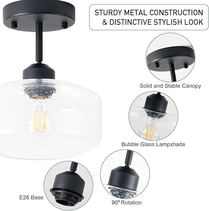 TeHenoo Sloped Ceiling Light with Clear Seeded Glass Shade, Adjustable for Kitchen,Hallway,Living Room