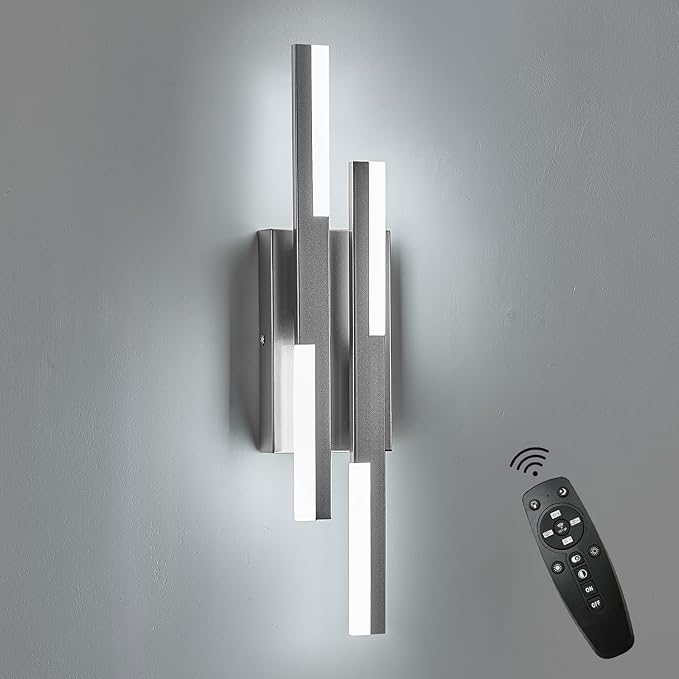 Benkut Modern LED Wall Sconce Silver Remote Wall Light Fixtures for Bathroom, Dimmable Vanity Light Indoor LED Remote Wall Sconce for Bedside Bedroom Living Dining Room (1 Pack 3000-6500K 19.7inch)