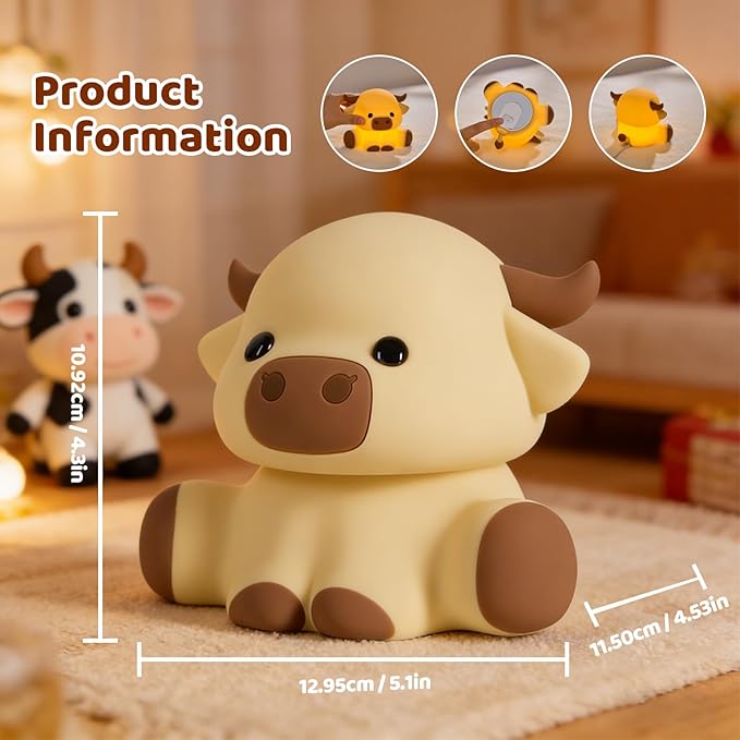 Cute Highland Cow Night Light, LED Touch Silicone Lamp for Bedroom with 7 Colors Timer and Dimmable Squishy Rechargeable Warm Light Night Lights, Animal Lamp for Bedroom Decor Birthday Gift