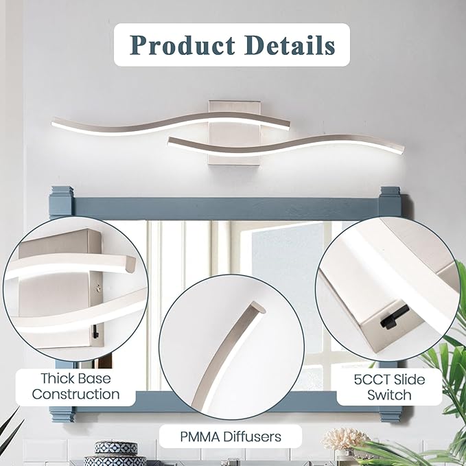 Brushed Nickel Curved 3000~6000K Bathroom Vanity Light Fixture Over Mirror, 31.5 inch Modern LED Wall Lamp 5CCT Dimmable Bathroom Light Fixture Modern Vanity Lighting