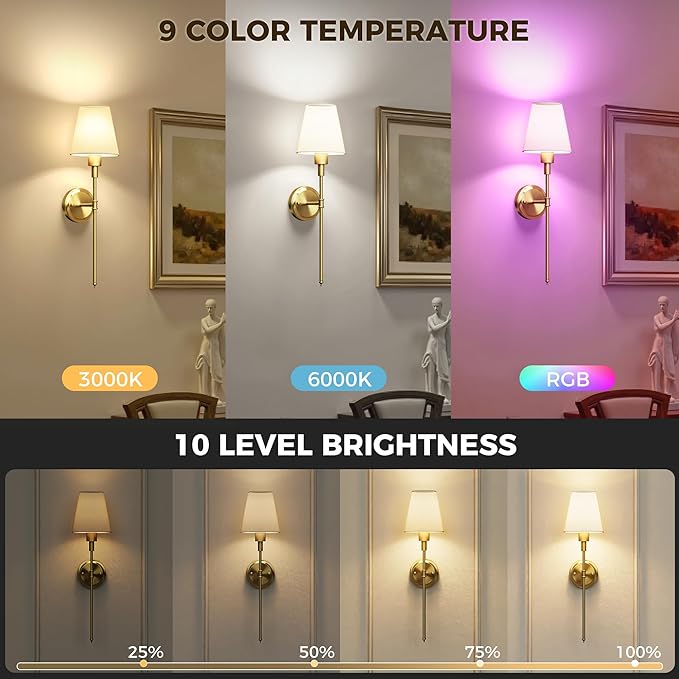 DORESshop Battery Operated Wall Sconce Set of 2, Wireless Wall Light Easy to Install, 15 Color Rechargeable Wall Sconces, Sconce Wall Decor Set of 2 for Bedroom, Living Room, Gold, 24.6in