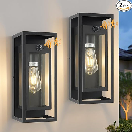 14" Motion Sensor Outdoor Light Fixture Wall Mount, Black Exterior Lighting Fixtures Dusk to Dawn Outdoor Lighting for House Exterior Coach Lights with Clear Glass for Garage Porch Patio 2Pack
