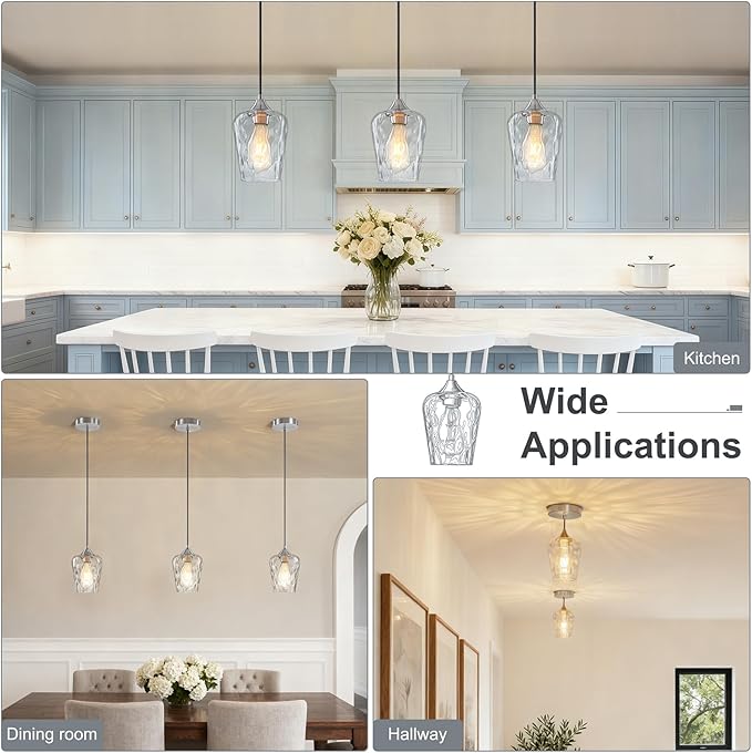 2 Pack Mini 5.1" Hammered Glass Pendant Light Fixtures, Small Modern Kitchen Pendant Lights with Hammered Glass Shades, Hanging Brushed Nickel Pendant Lights Kitchen Island Lighting for Sink