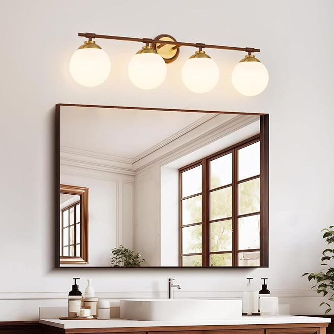 Rayogale Walnut Bathroom Light Fixtures, ETL 4 Lights Vanity Lights Over Mirror with Milk Glass Soft Lighting 32 Inch Bathroom Sconces(Exclude E26 Bulb)