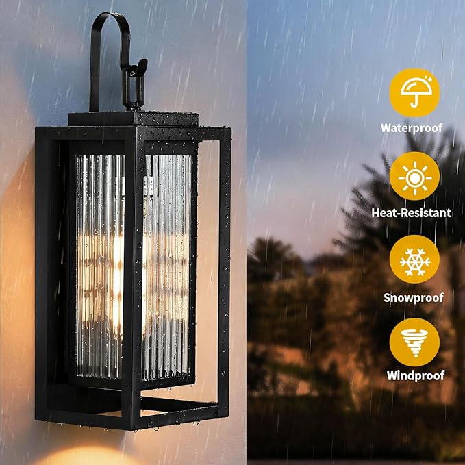2 Pack Outdoor Wall Lights for House Exterior, 18 Inch Large Black Modern Lantern with Dual Metal Frame & Textured Glass, IP65 Waterproof (Bulbs Included)