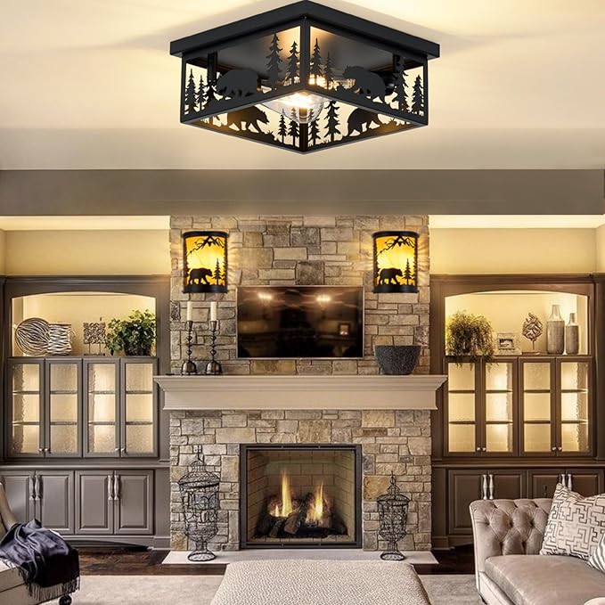 Farmhouse Rustic Bear Ceiling Light Fixtures, Vintage Metal Cage Light Perfests for Kitchen,Living Room, Bedroom, Balcony, Entryway, Hallway, Cabin(Bulbs not Included)