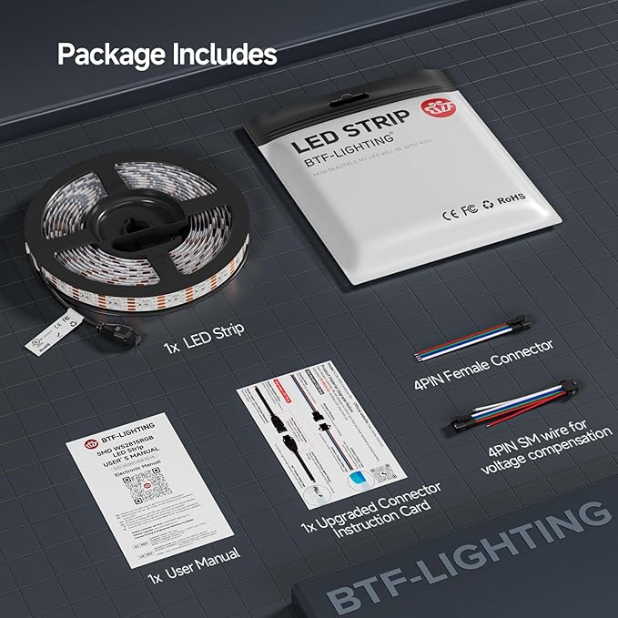 BTF-LIGHTING WS2815 (Upgraded WS2812B) LED Strip Light,UL Listed,16.4FT 300 LED/Pixels,Flexible Chasing RGB,Dual Signal Individually Addressable,5050SMD,3M Tape,DC12V IP67(No Adapter or Controller)