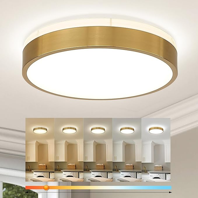Ken & Ricky 12 Inch Brushed Gold Flush Mount Ceiling Light,Round Flat Led Ceiling Light Dimmable,Close to Ceiling Light Fixtures for Kitchen Bathroom Bedroom Hallway 5CCT 24W 1PK