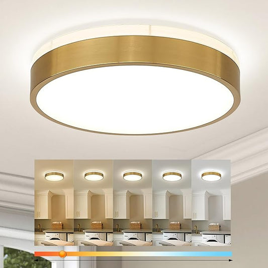 Ken & Ricky 12 Inch Brushed Gold Flush Mount Ceiling Light,Round Flat Led Ceiling Light Dimmable,Close to Ceiling Light Fixtures for Kitchen Bathroom Bedroom Hallway 5CCT 24W 1PK