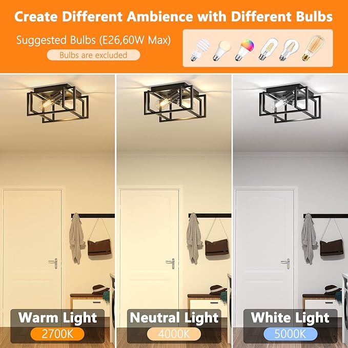 2-Pack Modern Black Metal Rectangle Close to Ceiling Light Fixtures, 2x E26 Bulb Compatible, Dimmable, 11.3" L x 31.1" W x 6.2" H, Ideal for Living Room, Bedroom, Kitchen