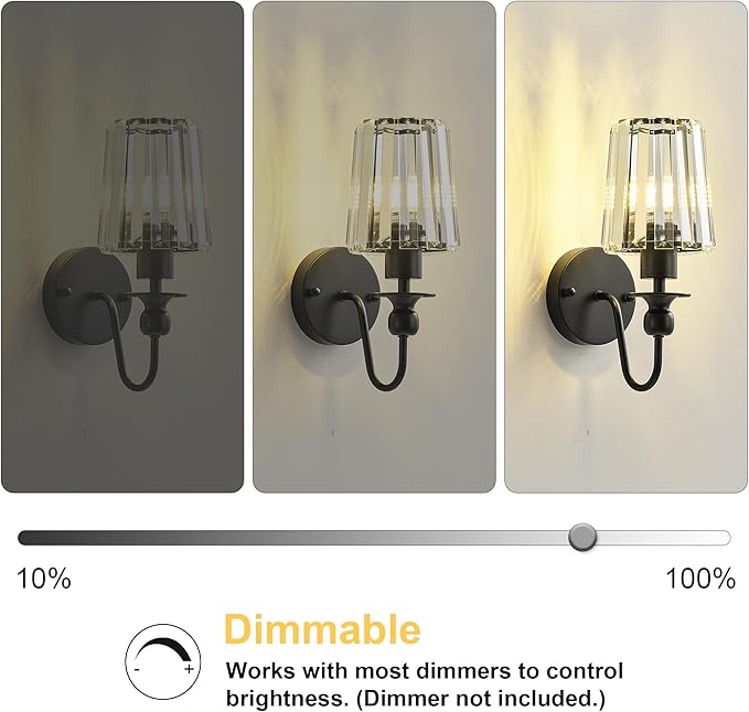 KARTOOSH Hardwired Crystal Wall Sconces Set of Two - Dimmable Wall Light Fixtures 3000K, Warm White, for Hallway, Bathroom, Living Room, Bedroom, Black, 11.2 Inch