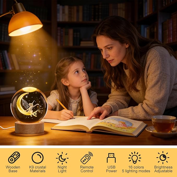Fairy Night Light, 3D Crystal Ball Lamp with 16 LED Color Changing & Remote, 3.15 Inch Unique Desk Decor, Fairy Gift for Women, Birthday Christmas Home Room Decoration, Fairy Lamp