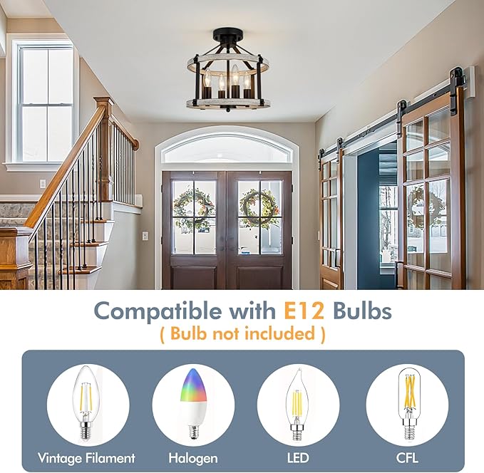 Farmhouse Semi Flush Mount Ceiling Light Fixture, 12.5 Inch 4-Light Rustic Ceiling Mount Light Fixtures, Round Oak Wood Finish Flush Mount Lights for Kitchen Bedroom Hallway Laundry Room