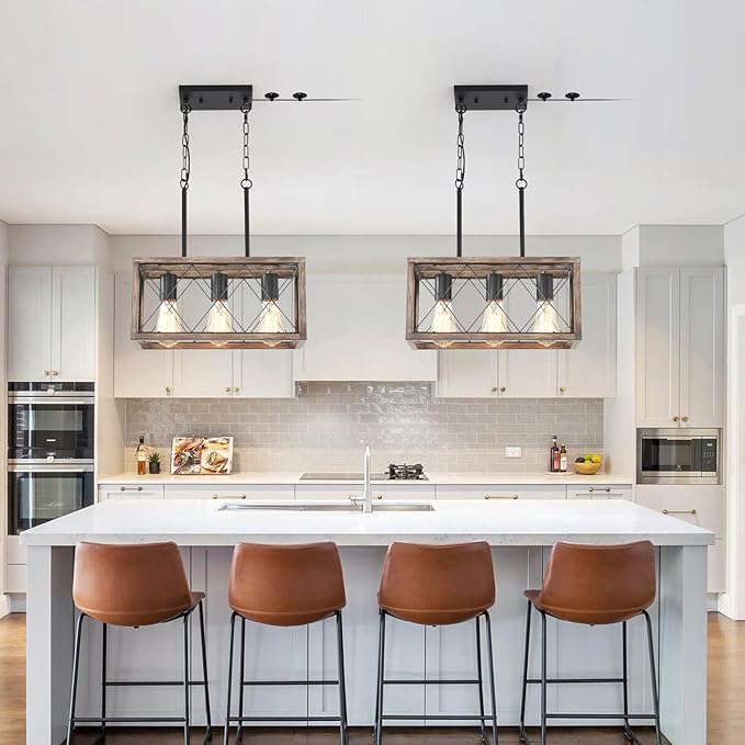 Plug in Pendant Light，3-Light Dining Room Light Fixture Over Table,Plug in Chandelier for Kitchen Sink，Farmhouse Metal Kitchen Pendant Lighting Over Island, Wood Grain Finish.