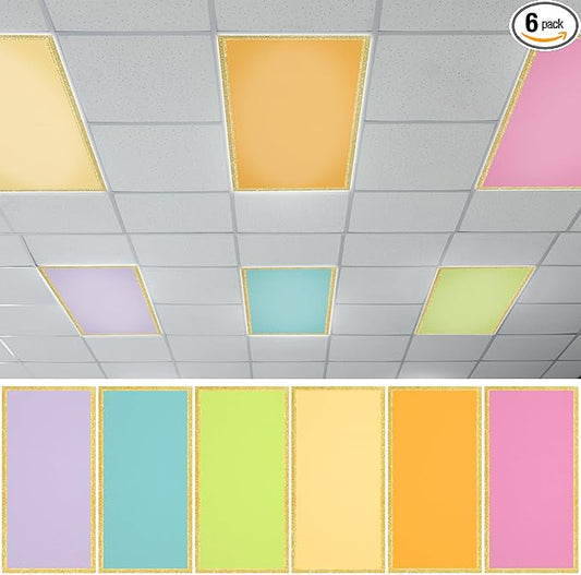 QOUBAI 6PCS Fluorescent Light Covers, 4x2 Feet Magnetic Light Cover Fluorescent Lights Shade Panel Positive Inspirational Ceiling Lights Filters for Office Classroom Home Drop Ceiling Gold Trim