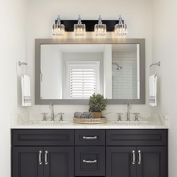 Black Chrome Bathroom Vanity Lights, Modern 4 Lights Crystal Bathroom Lighting Fixtures Over Mirror Crystal Wall Light with Square Shade
