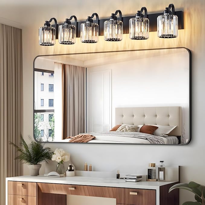 Black Crystal Bathroom Vanity Lights Fixtures 6 Light Over Mirror Modern Matte Black Bath Wall Lights with Round Shade (Exclude Bulb)