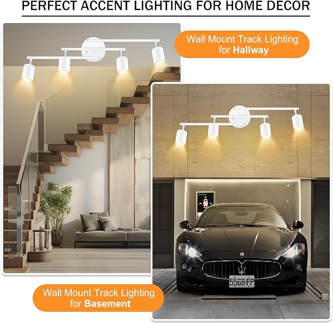 4 Light Track Lighting Kit Kitchen, White Track Lighting Fixtures Ceiling, 4 Way Modern Flexible Spot Track Lighting, Industrial LED Lights for Room Hallway Bedroom(GU10 Socket, Bulb Not Included)