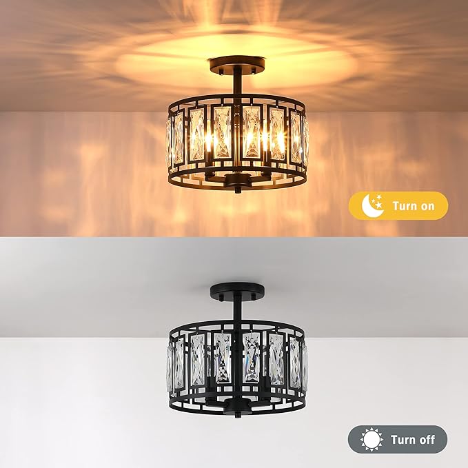 Modern Crystal Semi Flush Mount Ceiling Light Black Close to Ceiling Light Fixtures,3-Light Ceiling Light for Dining Room Bedroom Kitchen Island Hallway Entryway