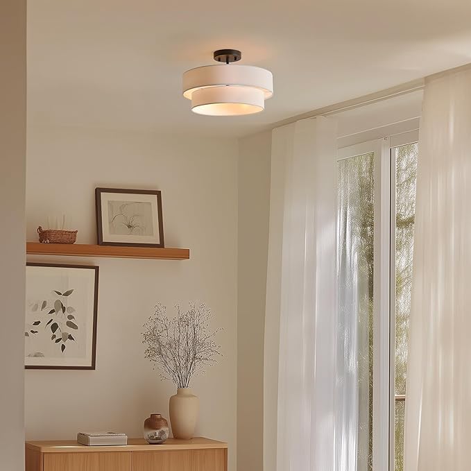 Globe Electric 66000138 2-Light Semi-Flush Mount Ceiling Light, Matte Black, 2-Tier, White Linen Shade, Home Improvement, Dining Room, Kitchen