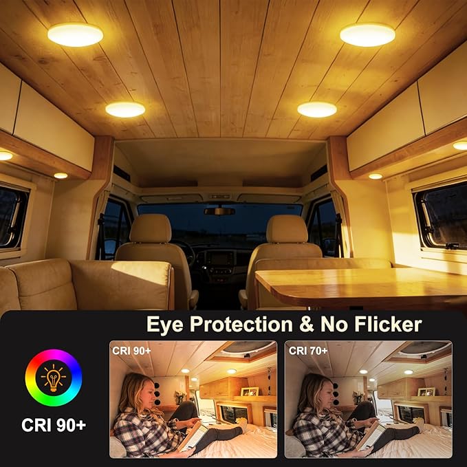 acegoo 12V LED Ceiling Dome Light, RV Interior Puck Light, 12 Volt Overhead Panel Light for Motorhome Travel Trailer Camper Van Boat, CRI 90+ Surface Mount DC 12V 6-Pack (3000K Warm White)