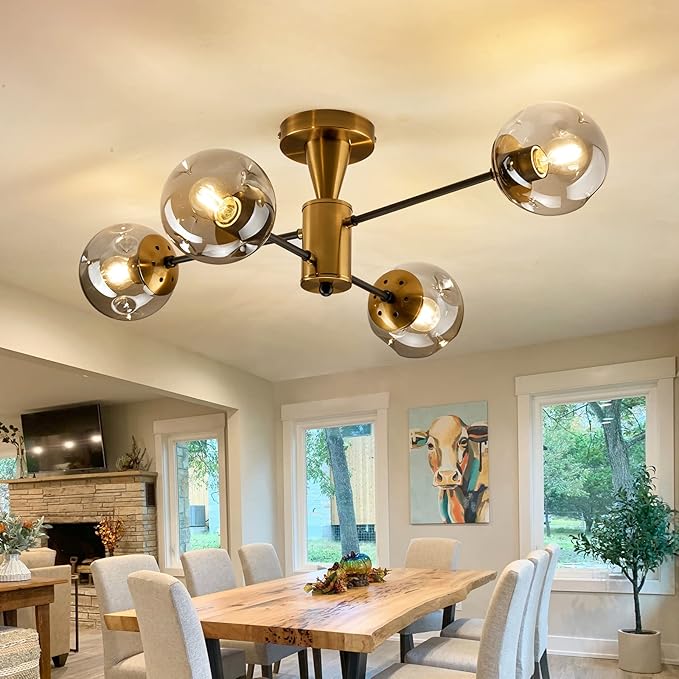 hesoge Modern Semi Flush Mount Ceiling Light Fixture, 4-Light Gold Mid Century Chandelier with Glass Globe,Ceiling Lighting for Dinning Room Farmhouse Kitchen Bedroom Living Room.