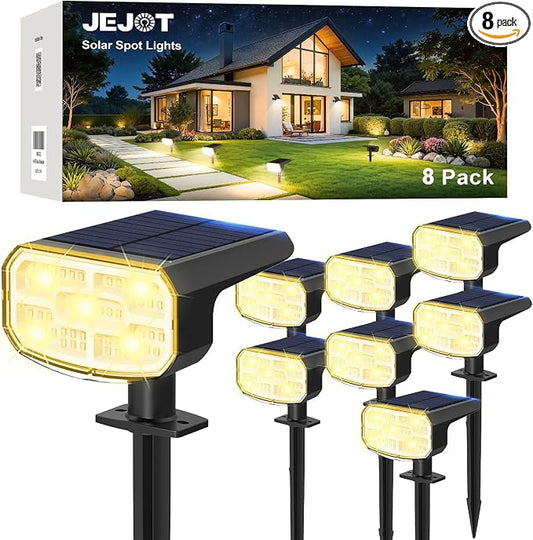 JEJOT Solar Lights Outdoor Waterproof IP65, Super Bright LED, 3000K 2 Lighting Modes, Solar Powered Yard Garden Solar Spot Lights for Outside Landscape Auto On/Off -8 Pack