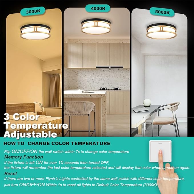 12.5 Inch LED Flush Mount Ceiling Light Fixture, 26W, Super Bright 1700 Lumens, 3 Color 3000K/4000K/5000K, Dimmable Ceiling Lamp for Bedroom Hallway Bathroom Kitchen (Black Gold)