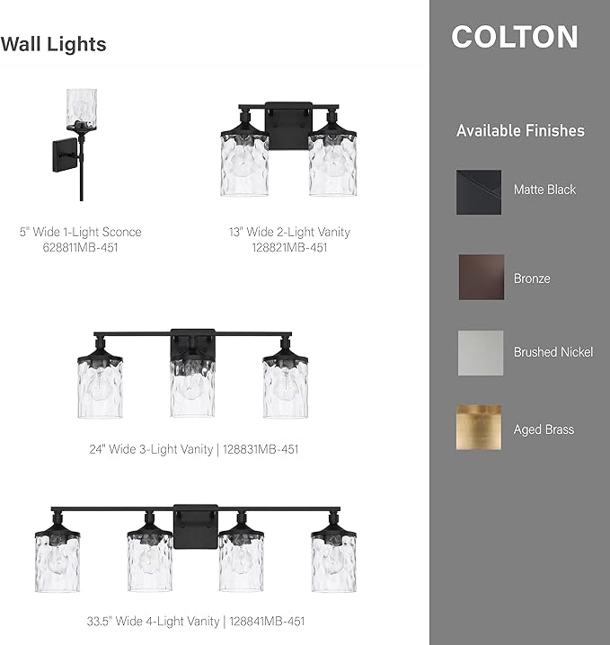 HomePlace Lighting 128841MB-451 Colton Mid-Century Clear Water Glass Bathroom Vanity Wall Light, 4-Light 400 Total Watts, 10" H x 34" W, Matte Black