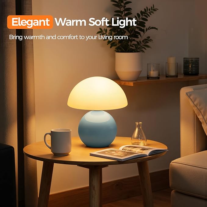 NIORSUN Mushroom Lamp Table Lamp for Bedroom, Portables Cordless Table Lamp,Wireless lamp,Small Bedside Table Touch Lamps for Living Room,Mini Mushroom 5200mAh Battery Operated Lamp Modern Blue