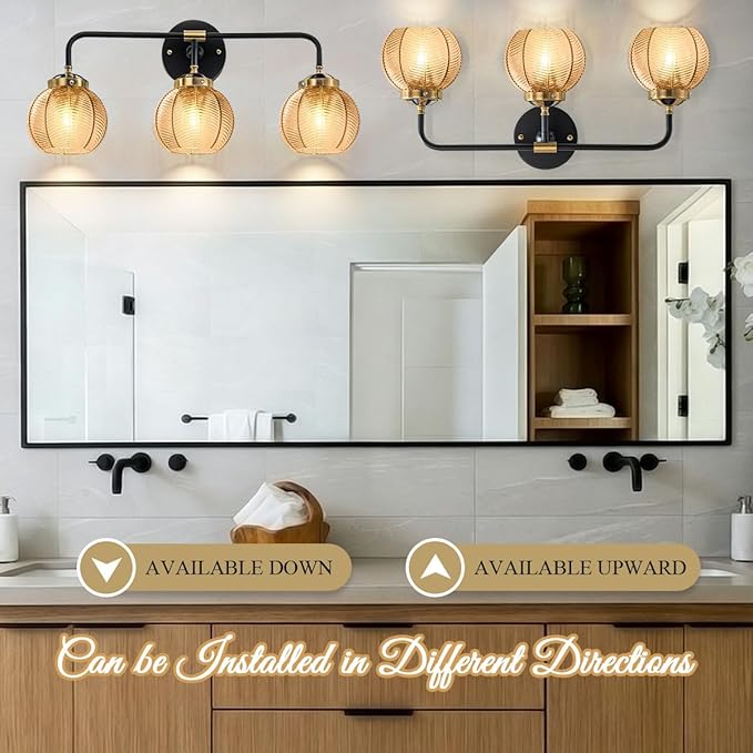 3 Light Glass Globe Wall Sconce Lights Amber Mid Century Modern Wall Light Fixtures Bathroom Vanity Lights with Ribbed Glass Shade Black Gold Wall Mount Lamp Over Mirror Bedroom
