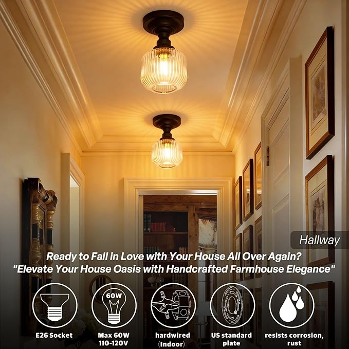 Modern Schoolhouse Semi Flush Mount Ceiling Light with Clear Ribbed Glass Lampshade, Industrial Close to Ceiling Light Fixture for Farmhouse Bedroom Entryway Stairs