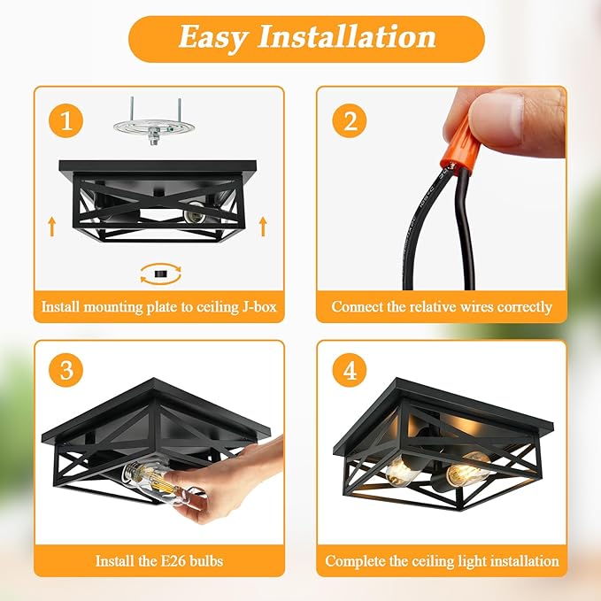2-Light Flush Mount Ceiling Light Fixture, Square Farmhouse Ceiling Lights for Kitchen, Modern Black Close to Ceiling Light for Hallway Bedroom Balcony Porch Stairway, E26, (2 Pack)