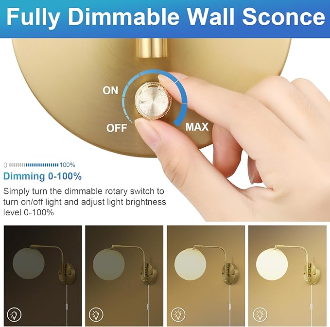 VATONI Dimmable Wall Sconces Plug in, Swing Arm Wall Lights with Plug in Cord and Dimmer On/Off Knob Switch, Dimmable Wall Light with Milky White Glass Globe Shade(2 Bulbs Included)
