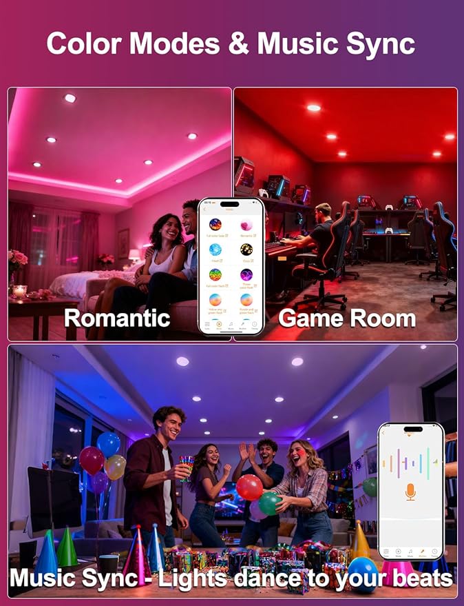 ILC 6 inch led recessed Light, Work with Alexa (Hub Required), App Controlled, RGB Color Changing, 16 Million Colors, CCT: 2700K-6000K, 14W, 120W Equivatlent, 1400LM, CRI 90, Bluetooth Mesh, 6 Packs