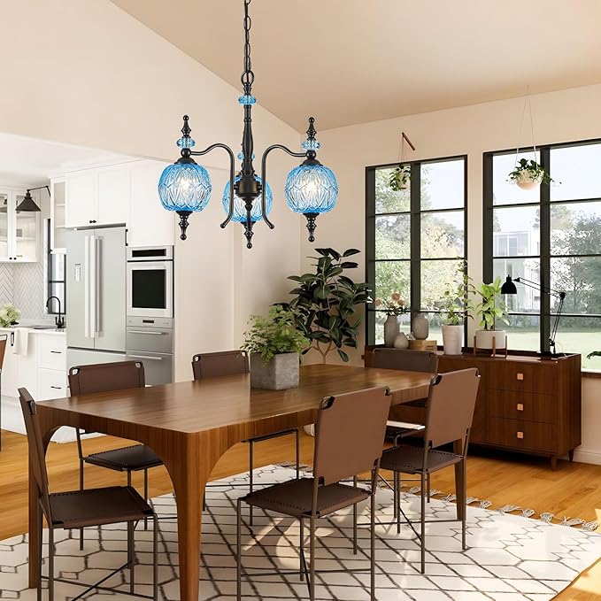 Vintage Blue Pendant Light Fixtures, 3-Light Chandeliers for Kitchen Bedroom Living Room Dining Room Hallway