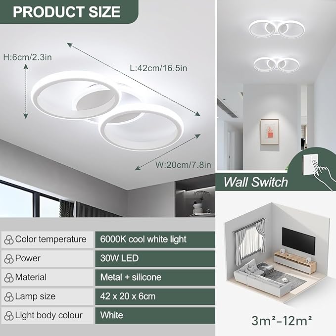 ElDISUNY Modern LED Ceiling Lights, 30W Round Ceiling Lights Fixture for Kitchen, Close to Ceiling Lights for Hallway Bedroom Dining Room, Cool White Light 6000K(White)