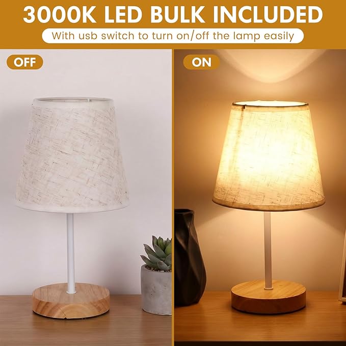 Gerrii 4 Pcs Small Bedside Table Lamp, Wooden Bedroom Tiny Lamp with Linen Shade, Mini Desk Night Light for Bedroom, Living Room, Kids Room Kitchen Counter (White)