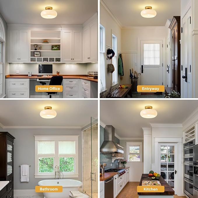Mid-Century Modern Gold Semi Flush Mount Ceiling Light,White Glass Dome Hallway Lighting Fixtures, Metal Close to Ceiling Lamp for Entryway Bathroom Kitchen Bedroom Porch Foyer Office(11 Inch)