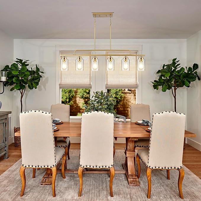 Dining Room Light Fixture - Brushed Gold 6-Light Farmhouse Chandelier Kitchen Island Lights Fixtures Modern Linear Chandeliers Hanging Pendant Lighting Over Table for Dining Room
