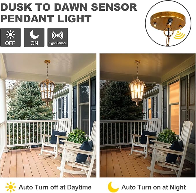 Dusk to Dawn Outdoor Pendant Lights for Porch Patio Garden Yard, Anti-Rust Aluminium Exterior Hanging Light Fixtures, Height Adjustable Gold Outside Hanging Ceiling Hallway Pendant Lamp