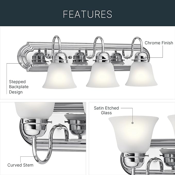 Kichler 24" 3-Light Vanity Bath Light in Chrome, Modern Bathroom Light with Clear Satin Etched Glass, (24" W x 8" H), 5337CHS