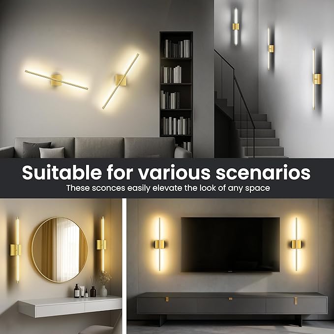 Battery Operated Wall Sconces Set of Two, 10000mAh Rechargeable Wall Lights with Remote Control, 360° Rotate Dimmable Gold LED Cordless Lamps for Bedroom, Living Room, Hallway, 29 Inch, 3CCT