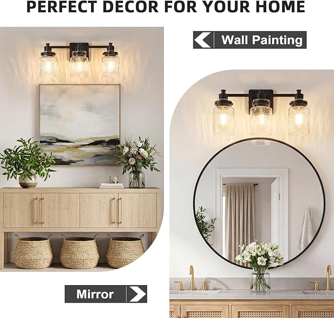3 Lights Bathroom Light Fixtures Farmhouse Black Vanity Lights for Bathroom Lighting Fixtures Over Mirror with Hammered Glass Lampshade for Cabinet Mirror Bedroom Hallway
