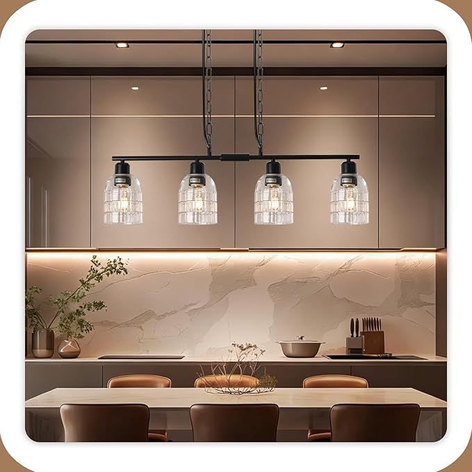 FRIXCHUR Black Kitchen Island Lighting, 4-Lights Linear Chandelier Pendant Light with Clear Glass Shade, Height Adjustable Industrial Chandelier Pendant Light for Kitchen Island Dining Room