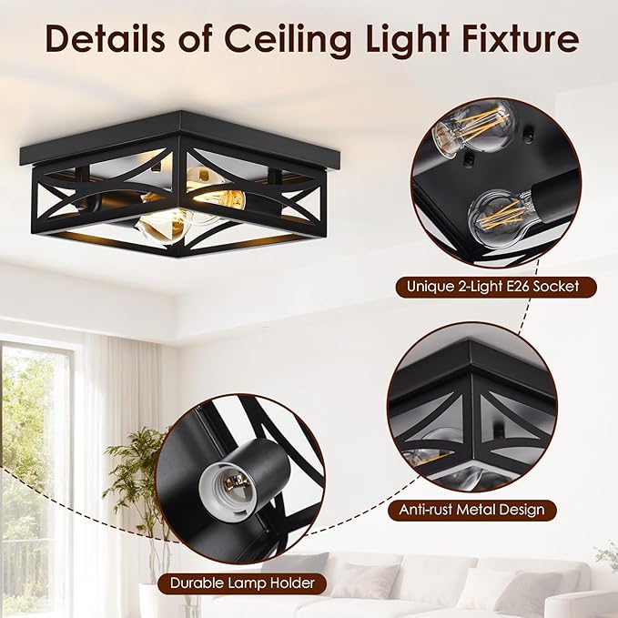 Ceiling Light, Farmhouse Flush Mount Ceiling Light, 2-Light Light fixtures Ceiling Mount, Modern Square Black Light Fixture, Kitchen Lighting Fixtures Ceiling,Bedroom,Balcony